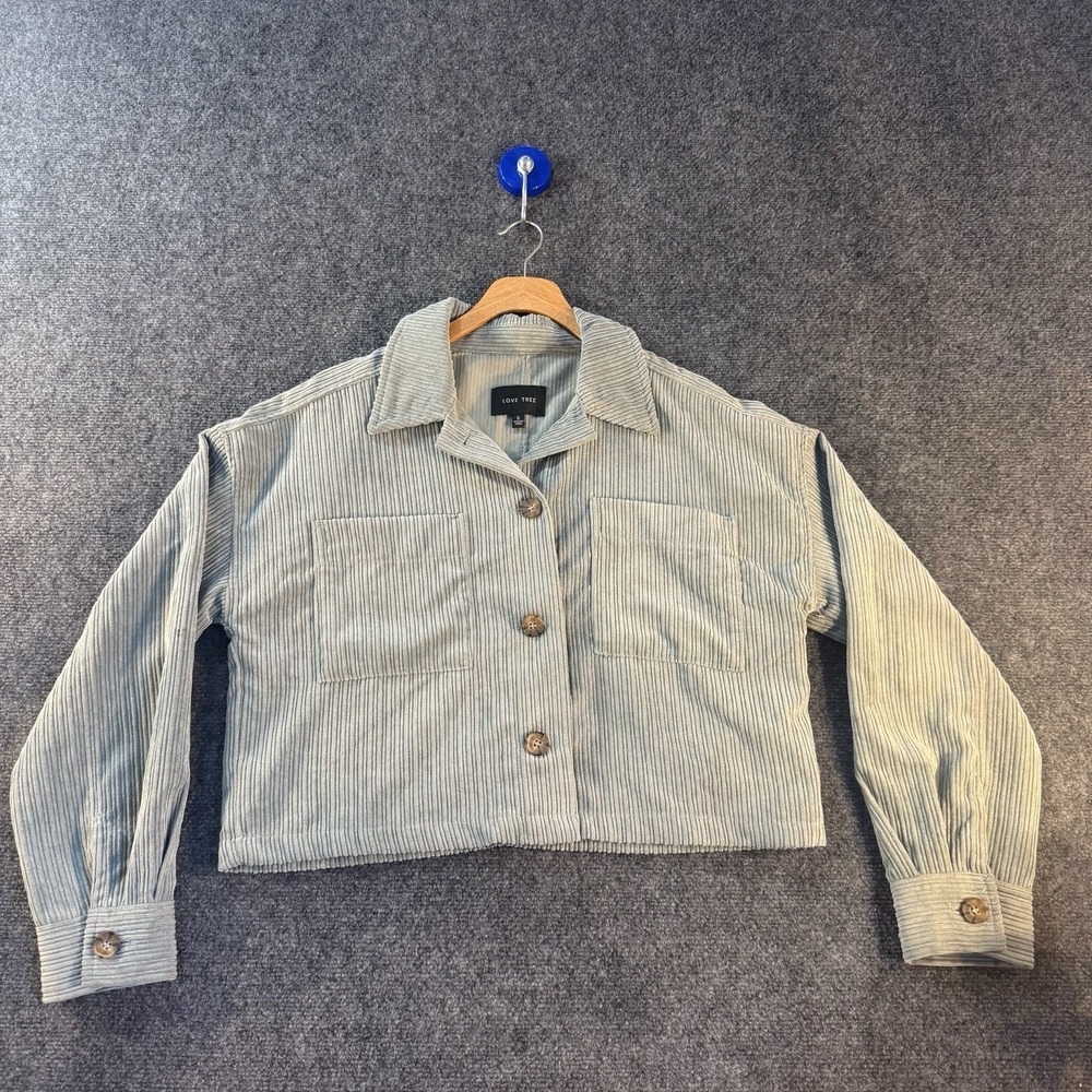 Love Tree Sage Green Corduroy Cropped Shacket Jacket Women's Small Button Up